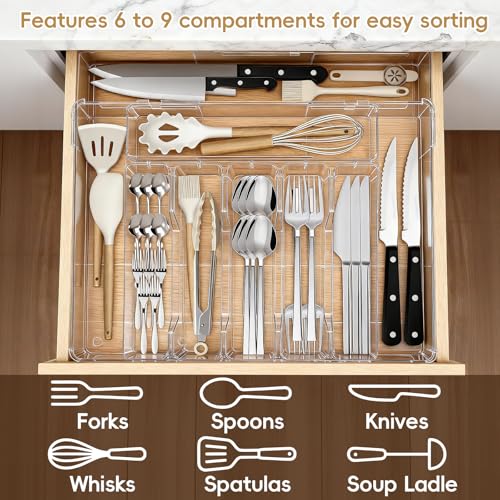 Pesilo Expandable Silverware Organizers for Kitchen Drawer, Clear Utensil Drawer Organizer Tray, Adjustable Cutlery Flatware Holder for Spoon Fork Knife, Plastic Spatula Tools Gadgets Storage Divider - Image 5