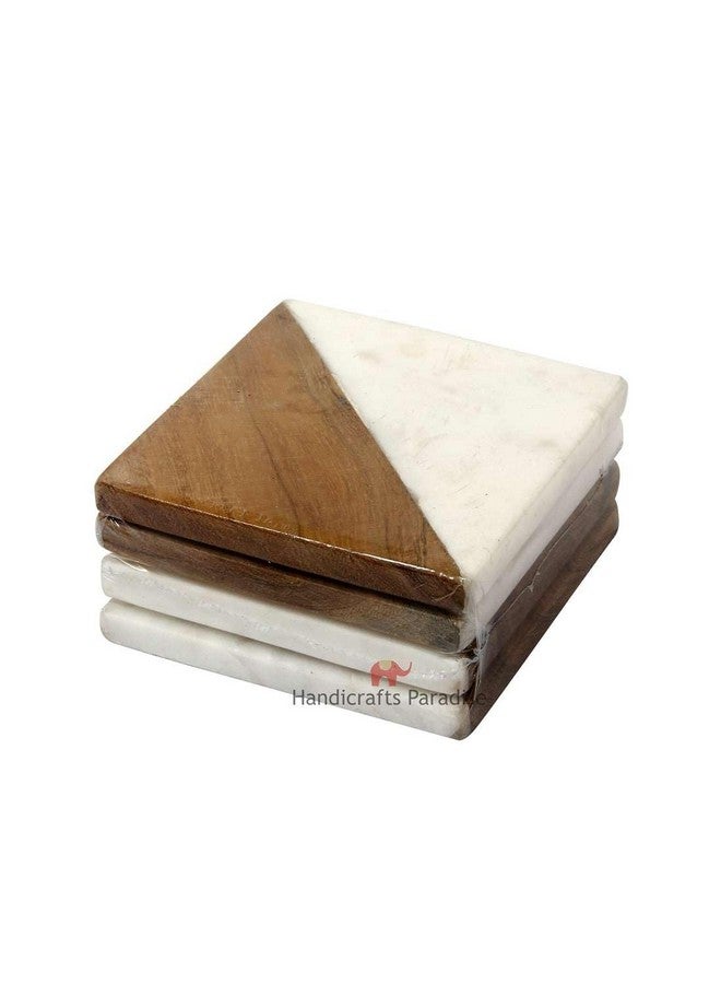 Handicrafts Paradise Handicrafts Paradise (Set of 4 Pcs) Marble & Wooden Coasters Square Shape for Tea Cups, Coffee Table, Home Decor Items for Couple Special - Image 2