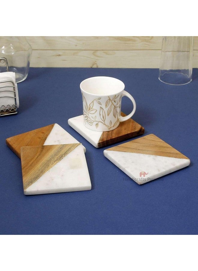 Handicrafts Paradise Handicrafts Paradise (Set of 4 Pcs) Marble & Wooden Coasters Square Shape for Tea Cups, Coffee Table, Home Decor Items for Couple Special - Image 1