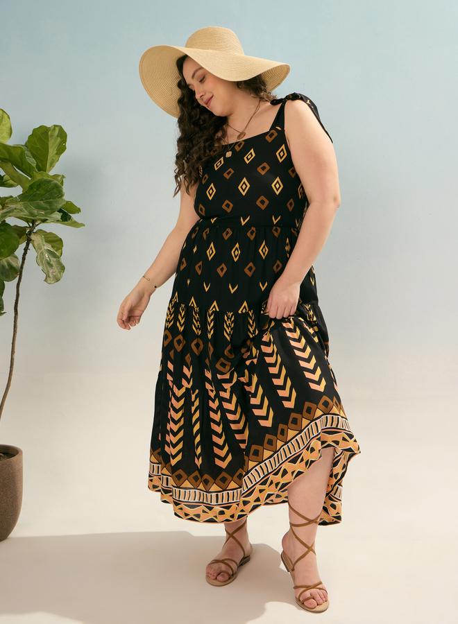 SASSAFRAS Plus Black Geometric Tie Up Tiered Maxi Dress - Image 1