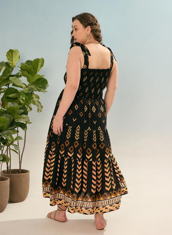 SASSAFRAS Plus Black Geometric Tie Up Tiered Maxi Dress - Image 5