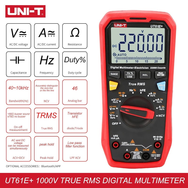 UNI-T UT61E+ Digital Multimeter with Auto Range, True RMS, and NCV Testing - Image 2