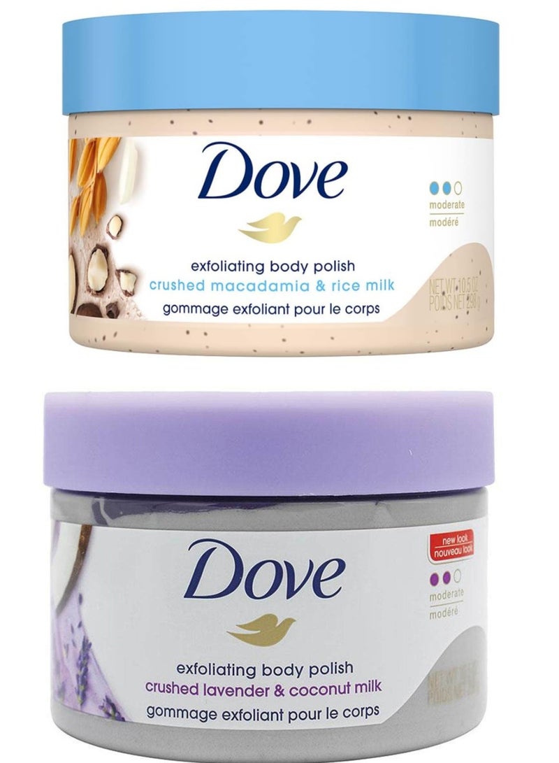 دوف مقشر الجسم من دوف - مزيج من مسحوق ماكاداميا وحليب الأرز / مزيج من مسحوق البنفسج وحليب جوز الهند