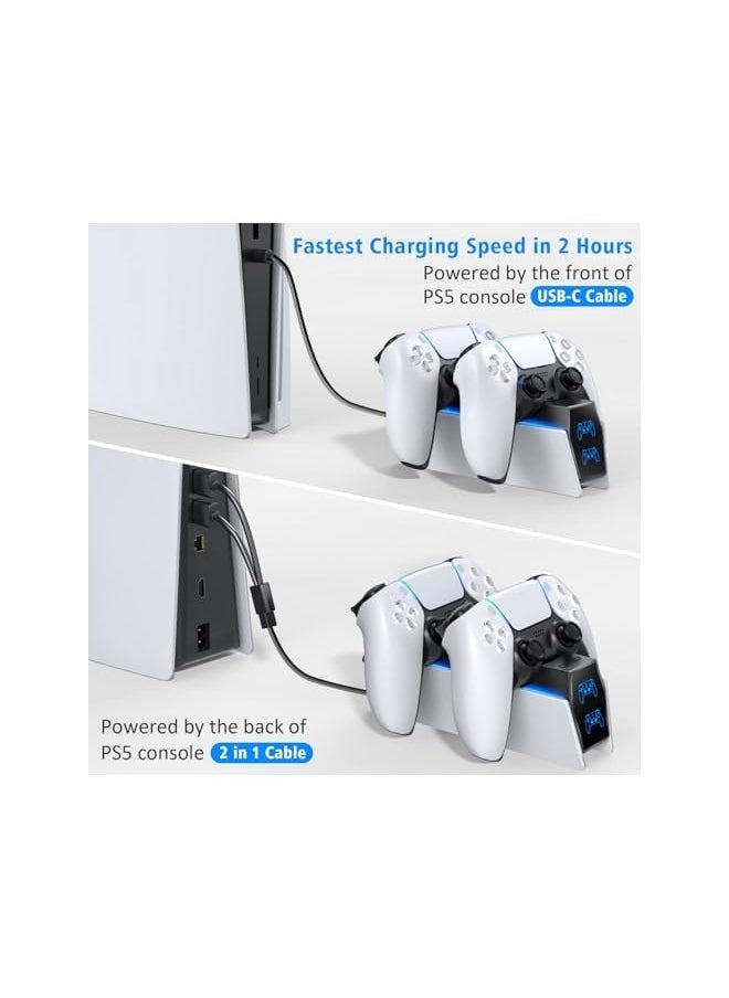 بيوينتي - محطة شحن PS5، شاحن سريع ثنائي للذراعين PS5 لمدة ساعتين لجهاز بلاي ستيشن 5، تحسين محطة شحن PS5 مع نوعي كابل، شاحن PS5 لجهازين تحكم PS5، يو إس بي - Image 1
