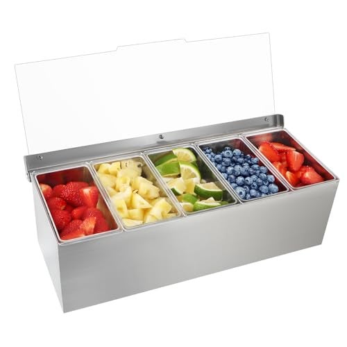 MOLIGOU Chilled Condiment Server Stainless Steel Chilled Condiment Tray with Lid Ice Condiment Serving Containers with 5 Removable Compartments