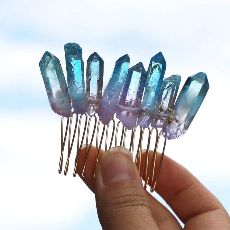 Suoirblss Handmade Natural Crystal Hair Comb Bridal Wedding Headwear Crystal Stone Hairpin Hair Clip Clamp Side Hair Combs for Women Hair Accessory Blue