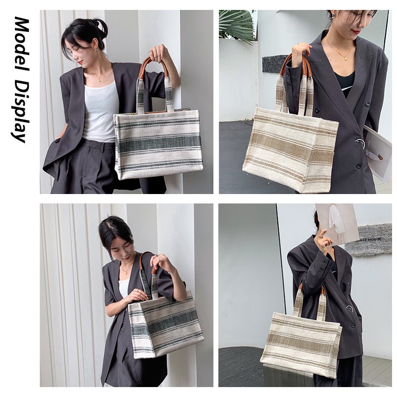 Underarm Bag For Women 2023 New Large Capacity Storage Niche Canvas Japanese Simple Handbag Striped Woven Bag - Image 3