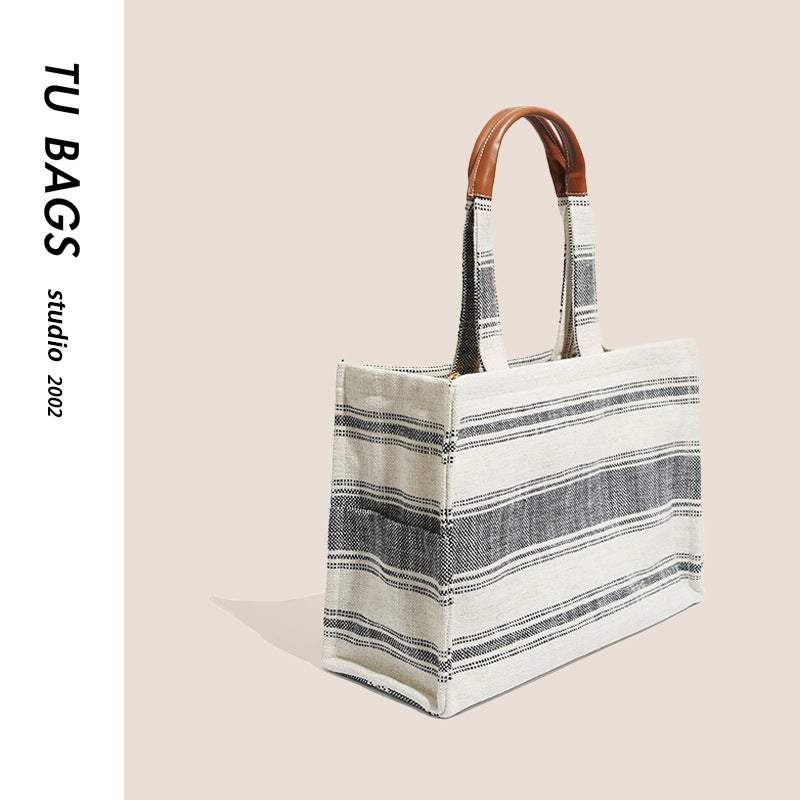 Underarm Bag For Women 2023 New Large Capacity Storage Niche Canvas Japanese Simple Handbag Striped Woven Bag - Image 2