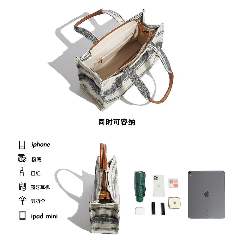 Underarm Bag For Women 2023 New Large Capacity Storage Niche Canvas Japanese Simple Handbag Striped Woven Bag - Image 5