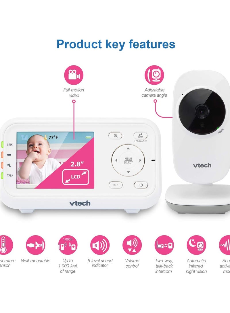 VTech Video Baby Monitor with 1000ft Long Range, Auto Night Vision, 2.8” Screen, 2-Way Audio Talk, Temperature Sensor, Power Saving Mode, Lullabies and Wall-mountable Camera with bracket, White - Image 2