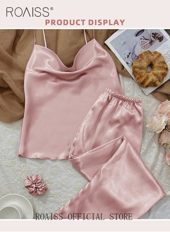 رويس طقم بيجامة من الحرير الجليدي مكون من قطعتين للنساء يشتمل على قميص وسروال علوي وسروال للسيدات مريح وقابل للتنفس يمكن ارتداؤه خارج ملابس نوم نسائية رفيعة بدون أكمام - Image 1
