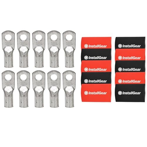 InstallGear 1/0 Gauge AWG Tinned Pure Copper Lugs Ring Terminals Connectors with Heat Shrink, 10-Pack - 1/0 Ring Terminal - Electrical Connectors, Heat Shrink Wire Connectors for 1/0 Gauge Wire - Image 1