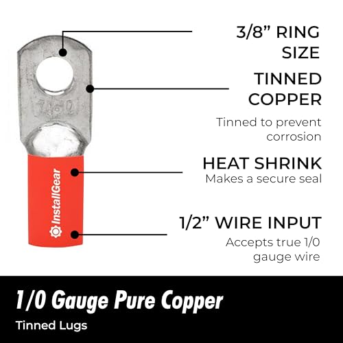 InstallGear 1/0 Gauge AWG Tinned Pure Copper Lugs Ring Terminals Connectors with Heat Shrink, 10-Pack - 1/0 Ring Terminal - Electrical Connectors, Heat Shrink Wire Connectors for 1/0 Gauge Wire - Image 5