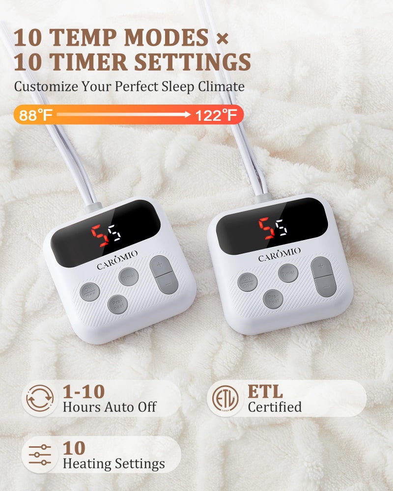 CAROMIO Electric Blanket Queen Size Dual Control - Thick Tufted Sherpa Heated Blanket Queen with 10 Heating Levels and 10 Time Settings, ETL Certified Fast Heating Blanket Queen Size 84"Ã—90", White - Image 4