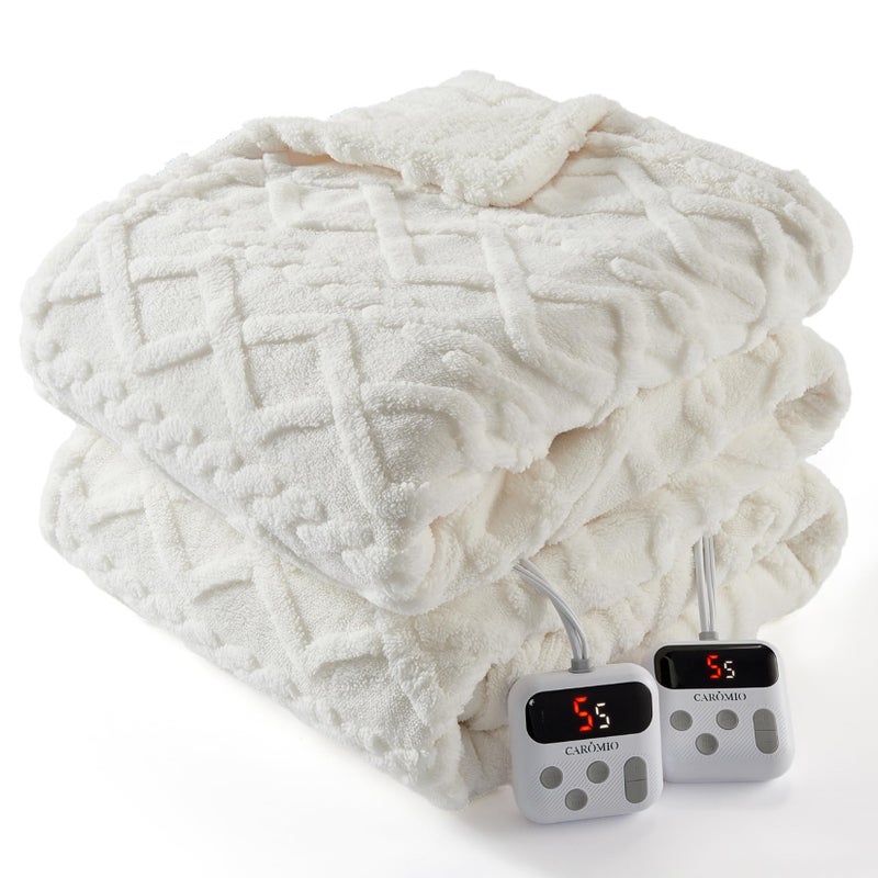 CAROMIO Electric Blanket Queen Size Dual Control - Thick Tufted Sherpa Heated Blanket Queen with 10 Heating Levels and 10 Time Settings, ETL Certified Fast Heating Blanket Queen Size 84"Ã—90", White - Image 1