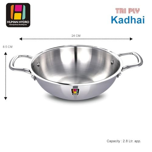Human Hydro Triply Stainless Steel Kadai (24CM/2.8L) with Lid | 3-Layer Steel–Aluminium–Steel | Induction & Gas Compatible | Easy to Clean | Heavy-Duty for Frying & Curries - Image 2