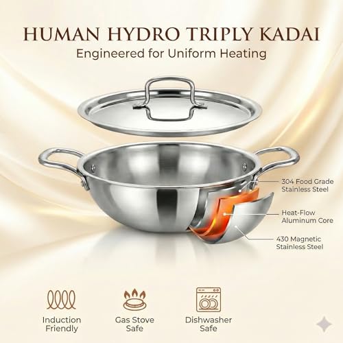 Human Hydro Triply Stainless Steel Kadai (24CM/2.8L) with Lid | 3-Layer Steel–Aluminium–Steel | Induction & Gas Compatible | Easy to Clean | Heavy-Duty for Frying & Curries - Image 3