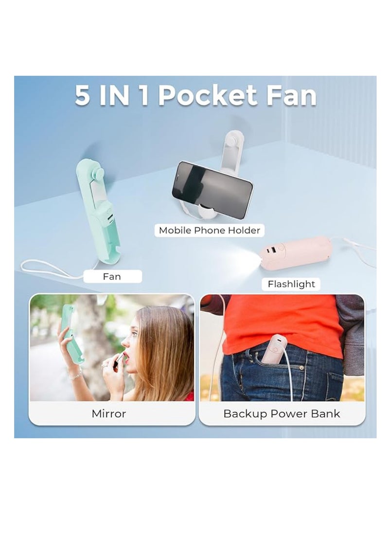 OUYoo OUYoo Handheld Portable Fan,5 in 1 Mini Fan,USB Rechargeable Pocket Small Fan，Power Bank,Flashlight,Mirror,Mobile Phone Holder,Outdoor,Travel,Summer,Gifts For Women (pink)  - Image 2