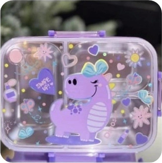 Vest BES0019 Purple Dino Patterned Transparent Lid 3 Compartment 800 ml Steel Lunch Box