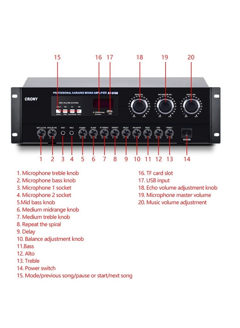 Av5100 Professional System Amplifier with Bluetooth | High-Power Audio Amplifier for Home KTV, Karaoke, Home Theater, and Studio Use | 2-Channel, Bass/Treble Control, Mic Input, and Wireless Streaming - Image 4