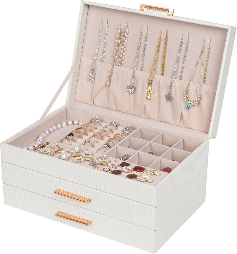 Dajasan 3-Tier Large Jewelry Box Organizer with 2 Drawers - Modern PU Leather Storage for Women (White) - Image 1