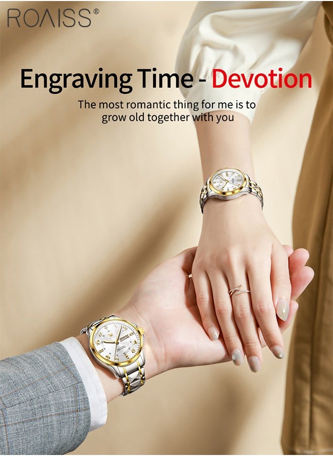 roaiss - Stainless Steel Strap Couple Quartz Watch Set, Analog Display Round Dial with Rhinestones Decoration, Luxurious Luminous Waterproof Calendar Watch Gift for Men Women, Silver and Gold - Image 1