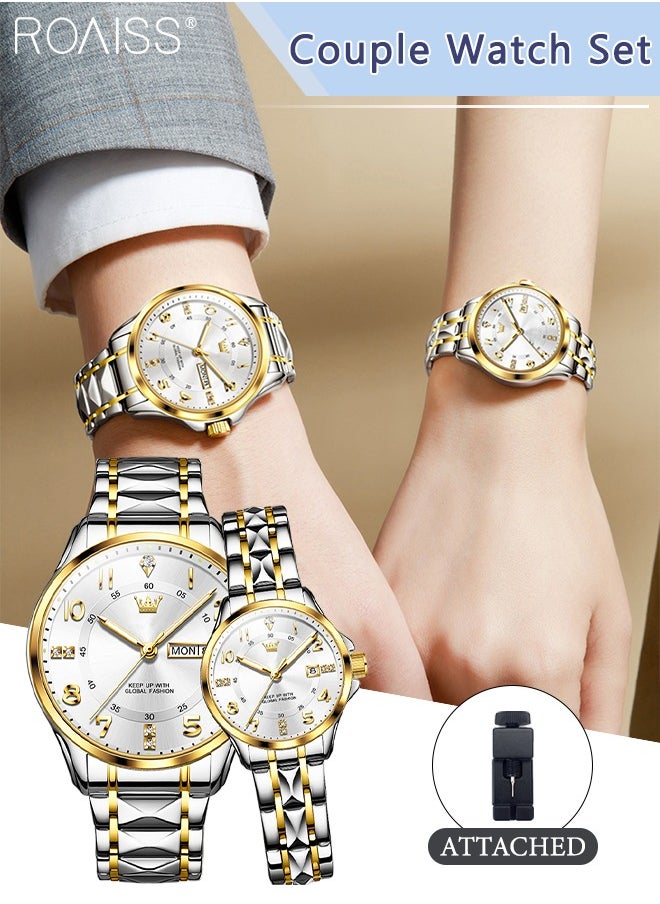 roaiss - Stainless Steel Strap Couple Quartz Watch Set, Analog Display Round Dial with Rhinestones Decoration, Luxurious Luminous Waterproof Calendar Watch Gift for Men Women, Silver and Gold - Image 1