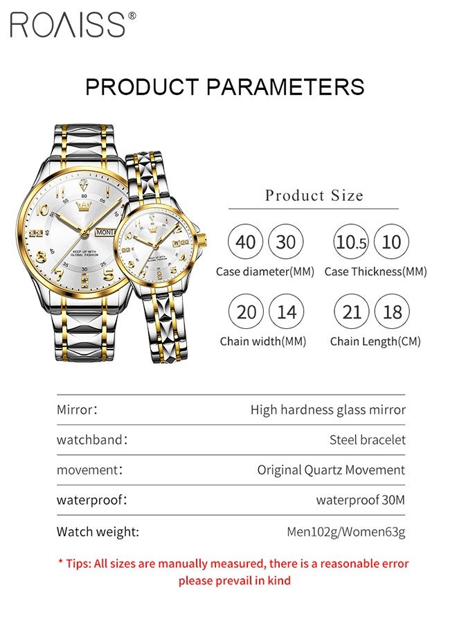 roaiss - Stainless Steel Strap Couple Quartz Watch Set, Analog Display Round Dial with Rhinestones Decoration, Luxurious Luminous Waterproof Calendar Watch Gift for Men Women, Silver and Gold - Image 1