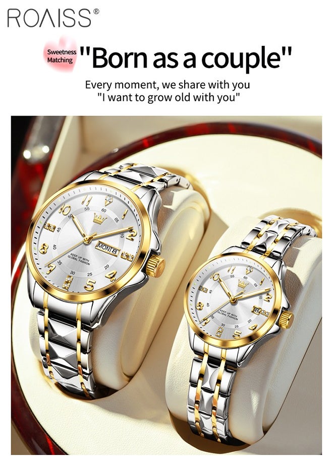roaiss - Stainless Steel Strap Couple Quartz Watch Set, Analog Display Round Dial with Rhinestones Decoration, Luxurious Luminous Waterproof Calendar Watch Gift for Men Women, Silver and Gold - Image 1