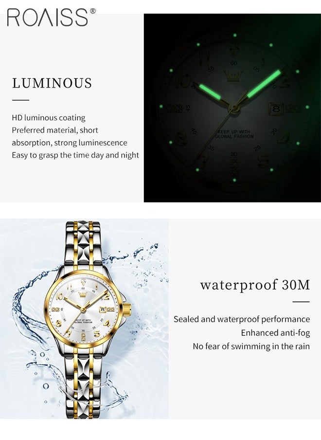roaiss - Stainless Steel Strap Couple Quartz Watch Set, Analog Display Round Dial with Rhinestones Decoration, Luxurious Luminous Waterproof Calendar Watch Gift for Men Women, Silver and Gold - Image 1
