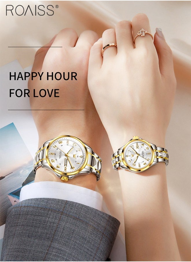 roaiss - Stainless Steel Strap Couple Quartz Watch Set, Analog Display Round Dial with Rhinestones Decoration, Luxurious Luminous Waterproof Calendar Watch Gift for Men Women, Silver and Gold - Image 1