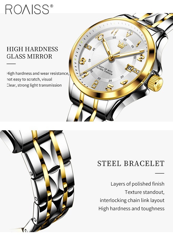 roaiss - Stainless Steel Strap Couple Quartz Watch Set, Analog Display Round Dial with Rhinestones Decoration, Luxurious Luminous Waterproof Calendar Watch Gift for Men Women, Silver and Gold - Image 1