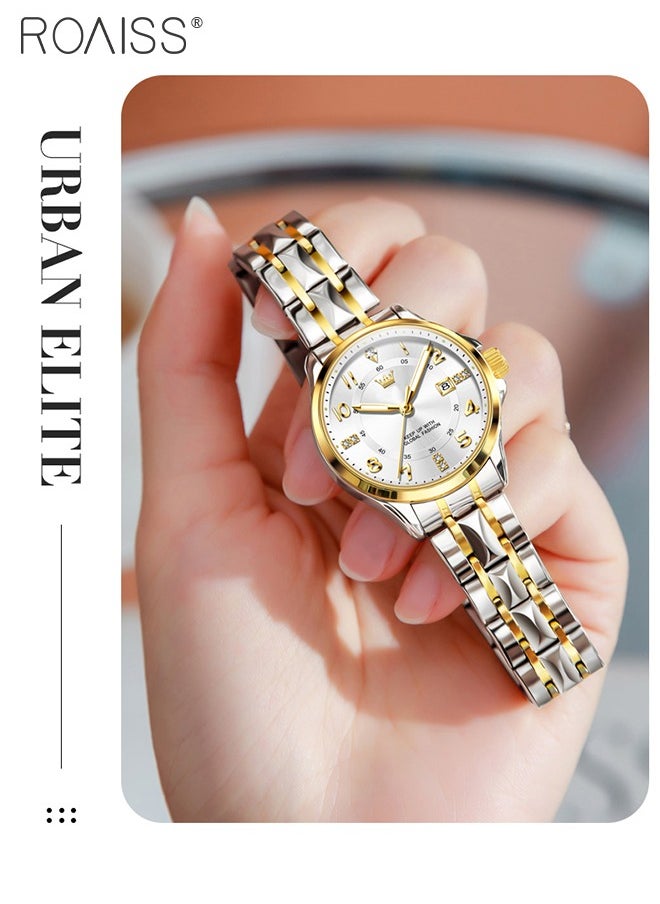roaiss - Stainless Steel Strap Couple Quartz Watch Set, Analog Display Round Dial with Rhinestones Decoration, Luxurious Luminous Waterproof Calendar Watch Gift for Men Women, Silver and Gold - Image 1