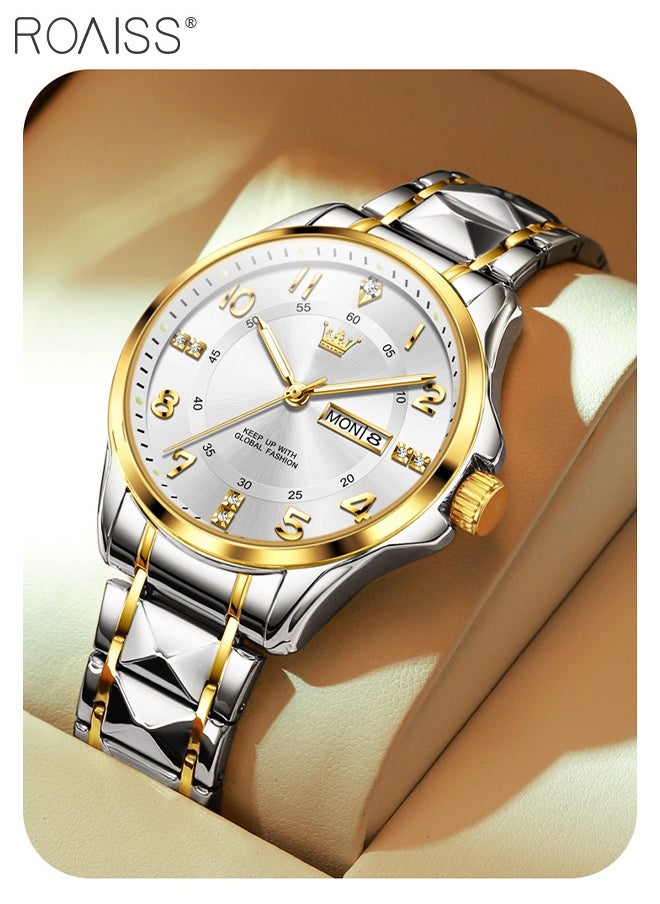 roaiss - Stainless Steel Strap Couple Quartz Watch Set, Analog Display Round Dial with Rhinestones Decoration, Luxurious Luminous Waterproof Calendar Watch Gift for Men Women, Silver and Gold - Image 1