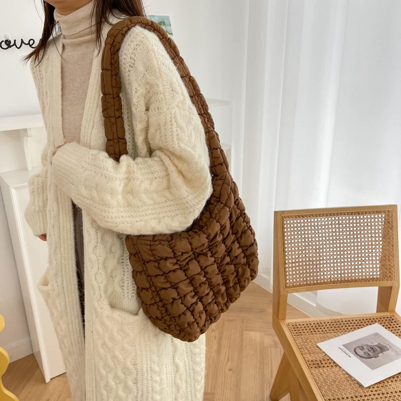 Rejolly Puffer Quilted Shoulder Bag for Women Puffy Bubble Tote Bag Lightweight Nylon Handbag Padded Soft Purse Brown - Image 3
