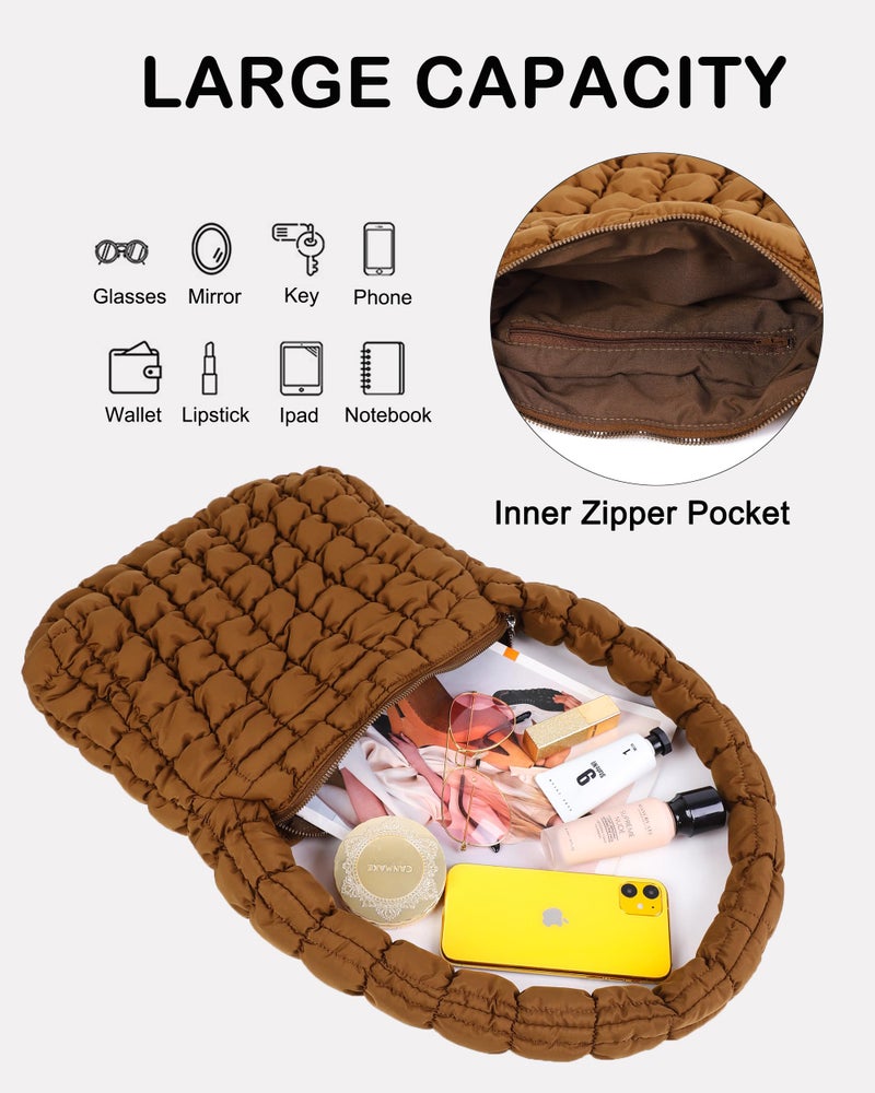 Rejolly Puffer Quilted Shoulder Bag for Women Puffy Bubble Tote Bag Lightweight Nylon Handbag Padded Soft Purse Brown - Image 4