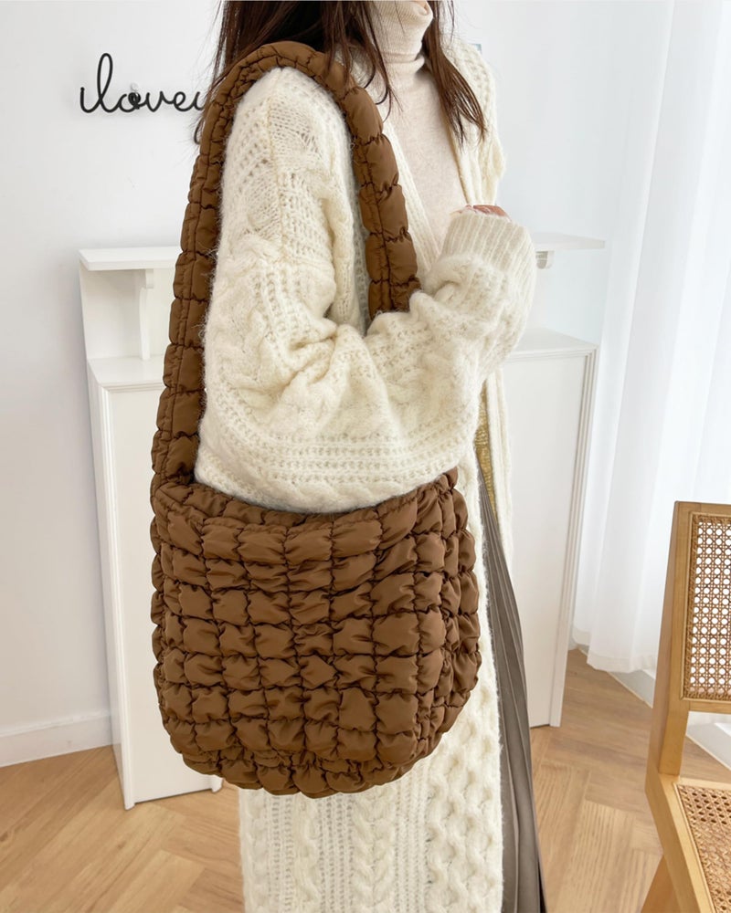 Rejolly Puffer Quilted Shoulder Bag for Women Puffy Bubble Tote Bag Lightweight Nylon Handbag Padded Soft Purse Brown - Image 2