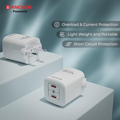 Anchor by Panasonic Type C Dual Port 45W GaN Fast Wall Charger, Compact Travel Adapter with Short Circuit Protection, High Speed Charging for Samsung, iPhone, Headphone, Camera - Image 5