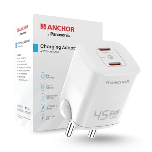 Anchor by Panasonic Type C Dual Port 45W GaN Fast Wall Charger, Compact Travel Adapter with Short Circuit Protection, High Speed Charging for Samsung, iPhone, Headphone, Camera - Image 1