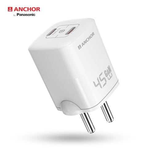 Anchor by Panasonic Type C Dual Port 45W GaN Fast Wall Charger, Compact Travel Adapter with Short Circuit Protection, High Speed Charging for Samsung, iPhone, Headphone, Camera - Image 2