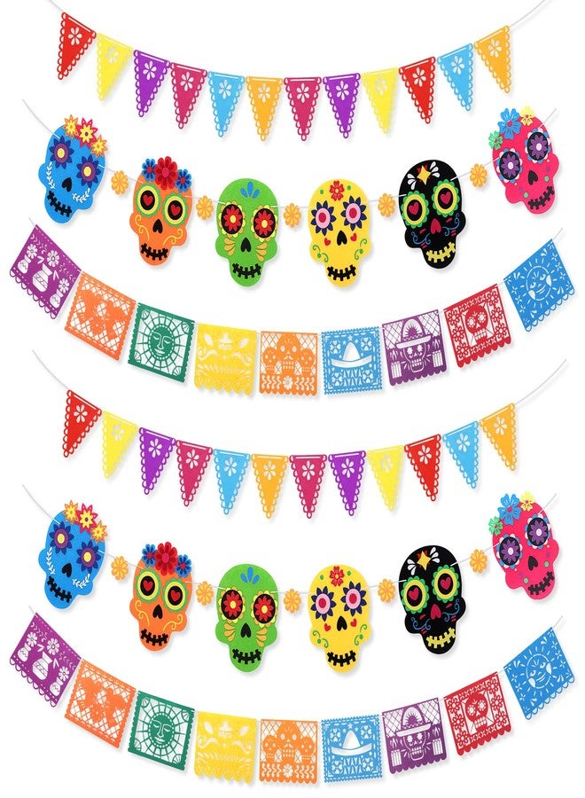 TaoBary 6 Pack Day of the Dead Felt Banner, Pre-strung Dia De Los Muertos Sugar Skull Colorful Hanging Garland for Mexican Party Fiesta Party Supplies - Image 1
