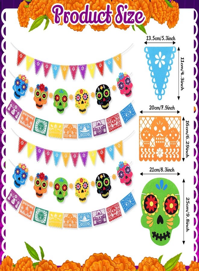 TaoBary 6 Pack Day of the Dead Felt Banner, Pre-strung Dia De Los Muertos Sugar Skull Colorful Hanging Garland for Mexican Party Fiesta Party Supplies - Image 3