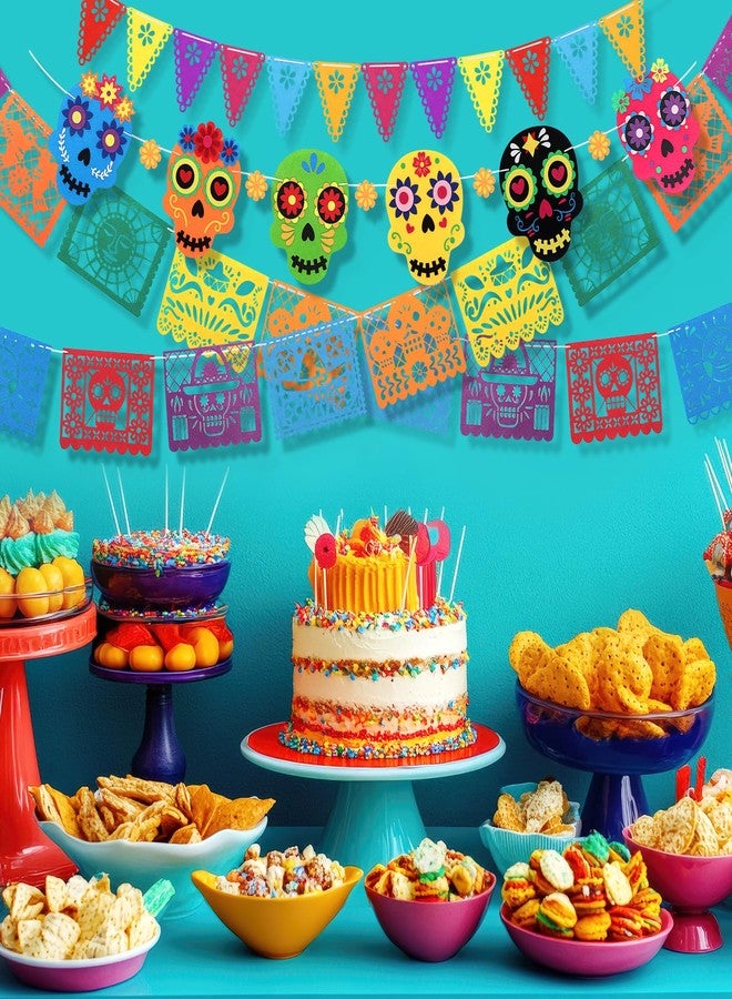 TaoBary 6 Pack Day of the Dead Felt Banner, Pre-strung Dia De Los Muertos Sugar Skull Colorful Hanging Garland for Mexican Party Fiesta Party Supplies - Image 2