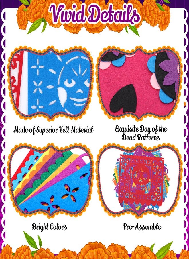 TaoBary 6 Pack Day of the Dead Felt Banner, Pre-strung Dia De Los Muertos Sugar Skull Colorful Hanging Garland for Mexican Party Fiesta Party Supplies - Image 5