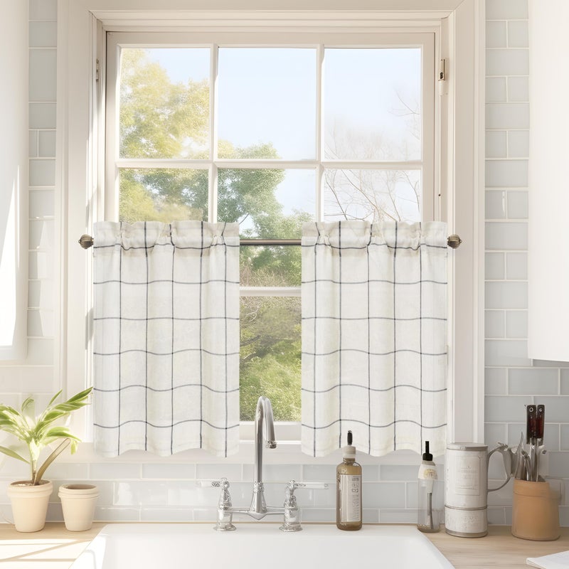 DriftAway Kitchen Curtains Striped Tier Linen Short Curtains Windowpane Plaid Cafe 24 Inch Length for Living Room Bathroom Chris Farmhouse Rustic Rod Pocket 2 Panels Black - Image 1