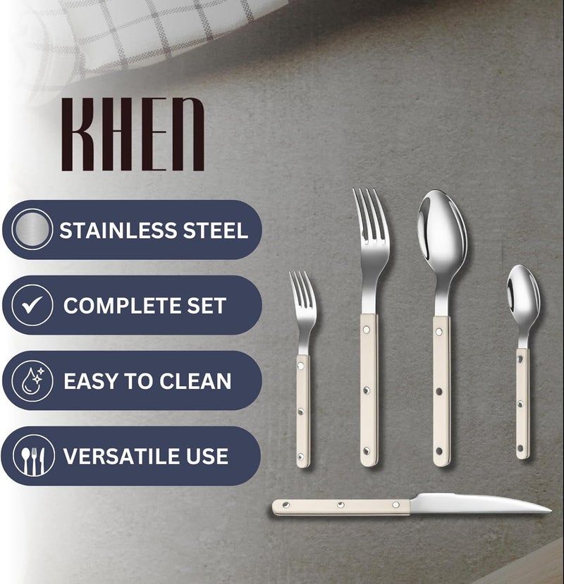 Khen Cutlery Set of 20, 18/8 Stainless Steel Flatware, Modern Silverware for Home, Kitchen, Dining & Table Setting for 4 – Stainless Steel, Dishwasher Safe, Lightweight & Ergonomic Design Gift - Cream - Image 5