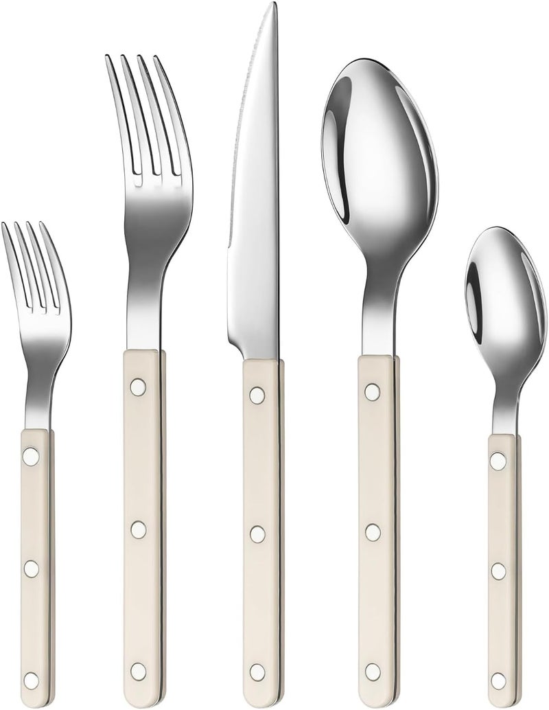 Khen Cutlery Set of 20, 18/8 Stainless Steel Flatware, Modern Silverware for Home, Kitchen, Dining & Table Setting for 4 – Stainless Steel, Dishwasher Safe, Lightweight & Ergonomic Design Gift - Cream - Image 1