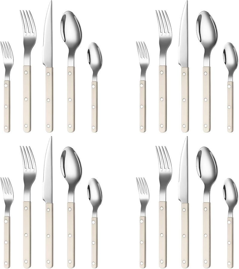 Khen Cutlery Set of 20, 18/8 Stainless Steel Flatware, Modern Silverware for Home, Kitchen, Dining & Table Setting for 4 – Stainless Steel, Dishwasher Safe, Lightweight & Ergonomic Design Gift - Cream - Image 2
