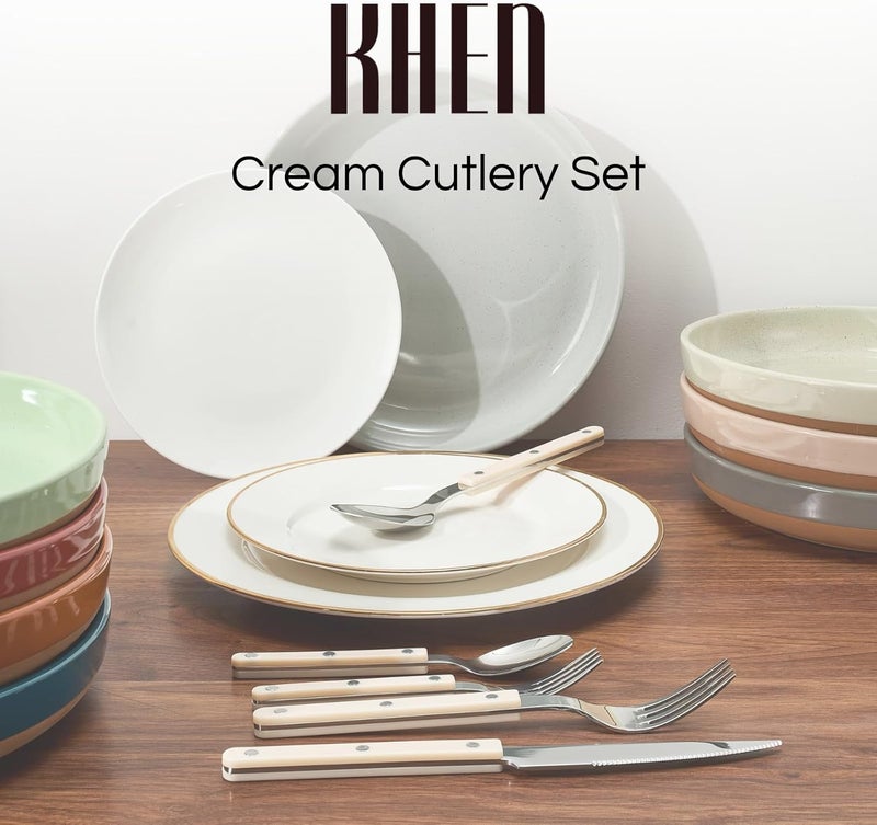 Khen Cutlery Set of 20, 18/8 Stainless Steel Flatware, Modern Silverware for Home, Kitchen, Dining & Table Setting for 4 – Stainless Steel, Dishwasher Safe, Lightweight & Ergonomic Design Gift - Cream - Image 3