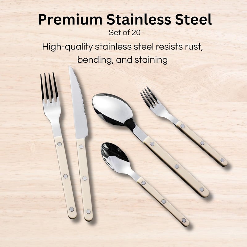 Khen Cutlery Set of 20, 18/8 Stainless Steel Flatware, Modern Silverware for Home, Kitchen, Dining & Table Setting for 4 – Stainless Steel, Dishwasher Safe, Lightweight & Ergonomic Design Gift - Cream - Image 4
